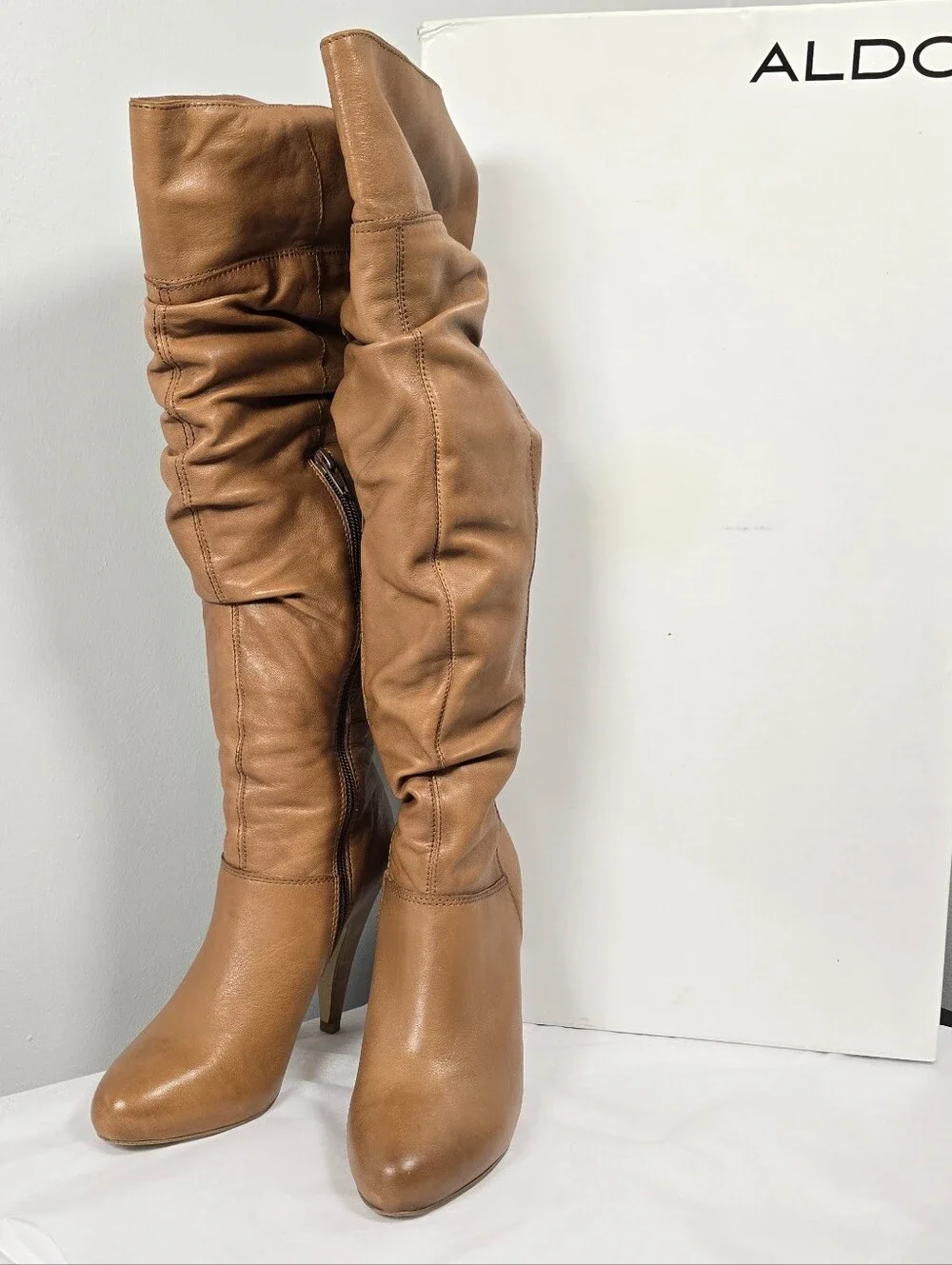 ALDO Women's Tan Leather Over-the-Knee Heeled Boots